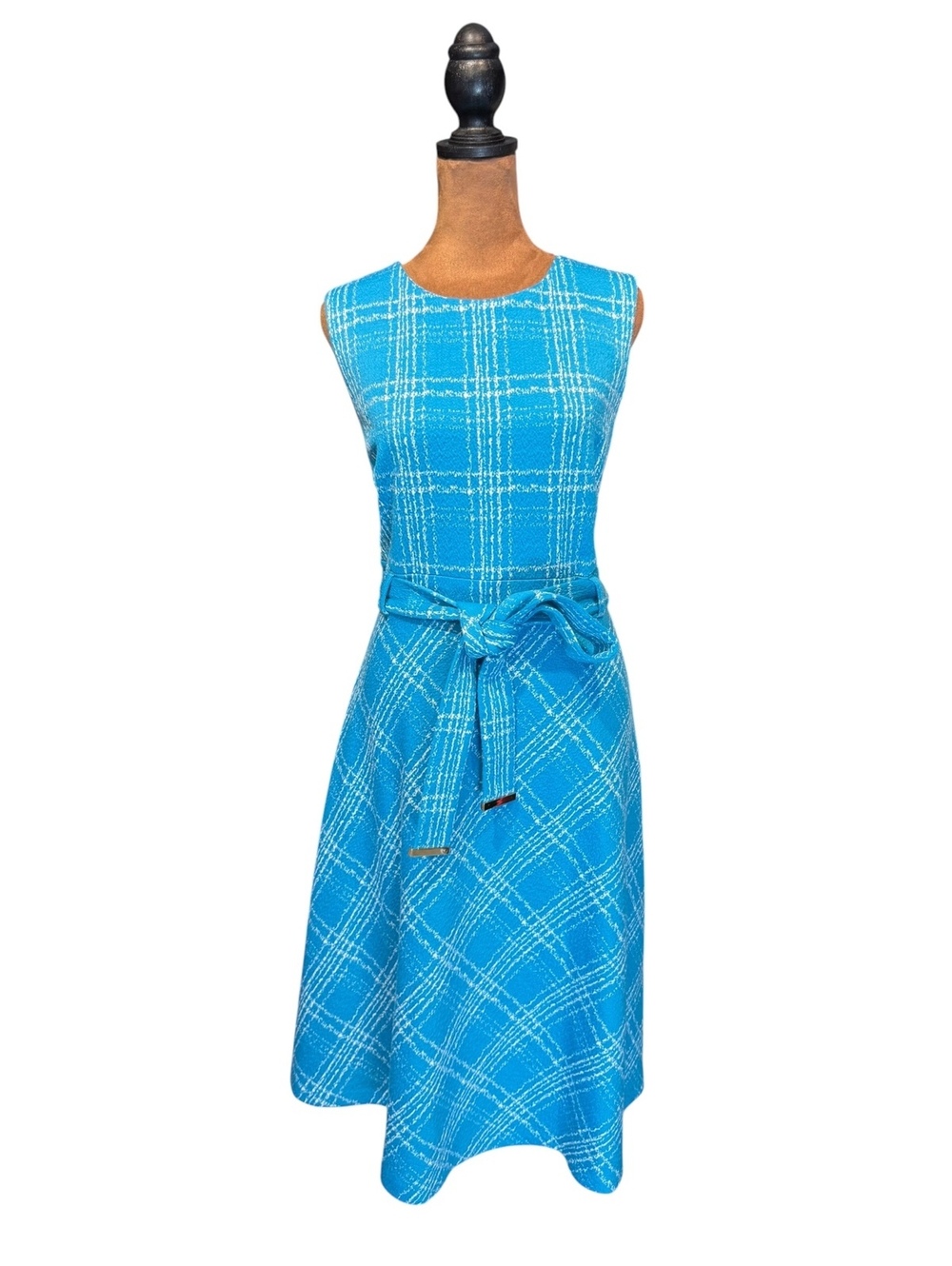 Chaps Classic Blue Plaid Sleeveless Dress with Waist Tie